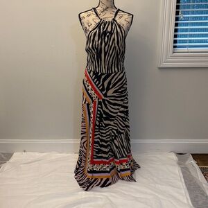 Karen Millen Zebra Print Maxi Dress with Red and Pink Accents